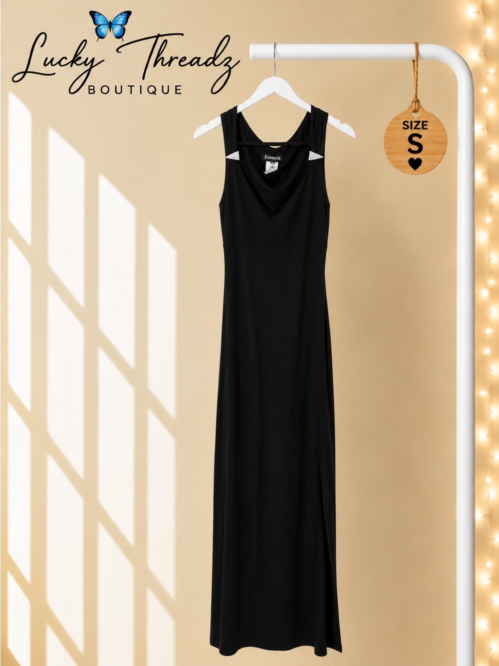Vintage Y2K Bebe Black Maxi Dress Small Triangle Rhinestone Strap Formal
